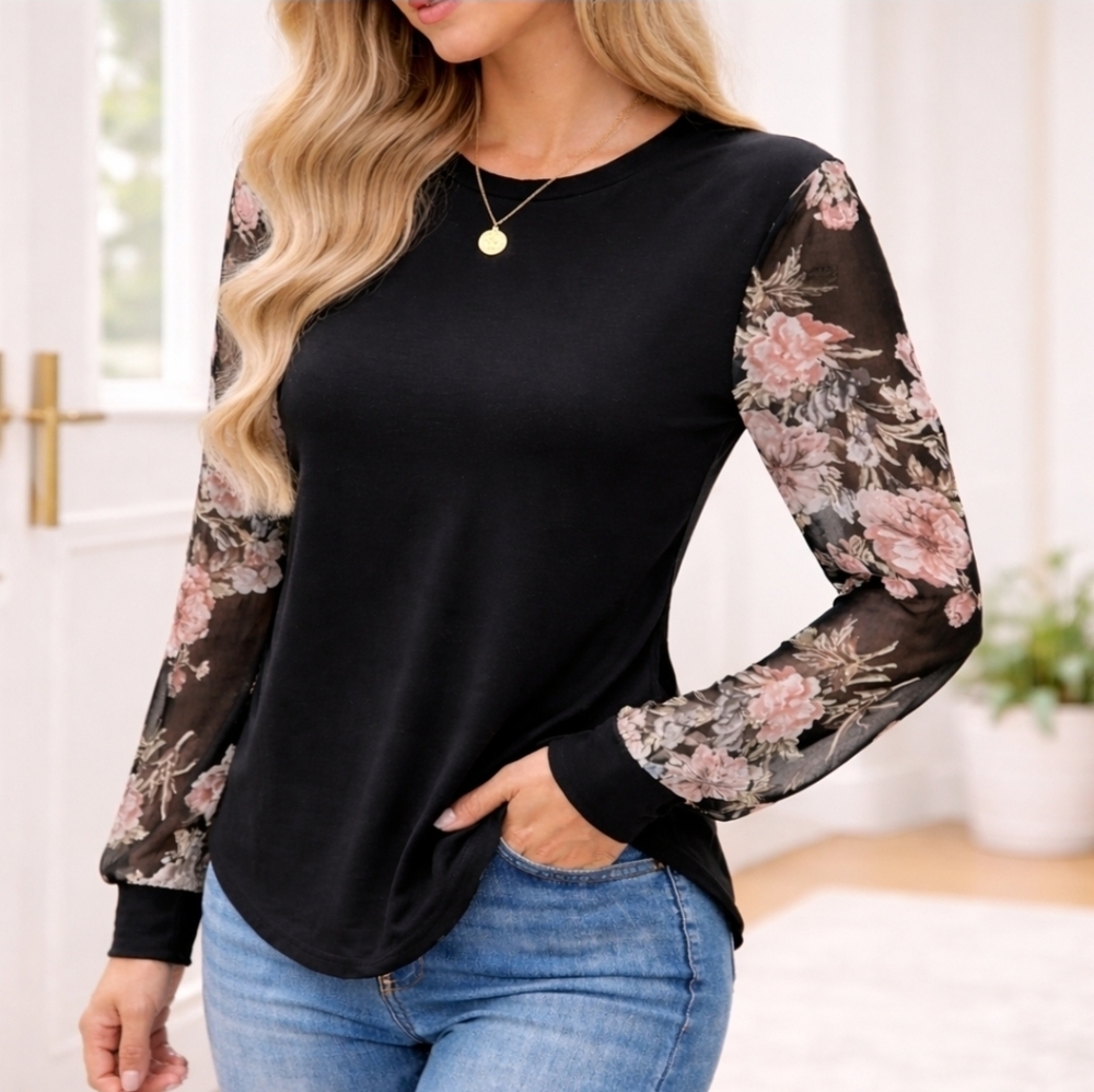 Black Top with Sheer Floral Sleeves - Size Small - NWOT